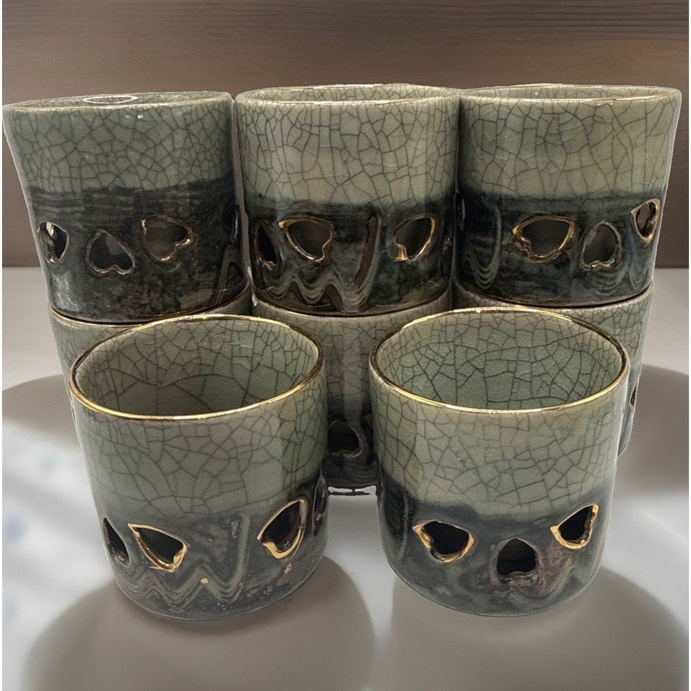 Lot of 8 Somayaki Crackle Glaze Porcelain Japanese Double Wall Cups, 3 1/4" Tall